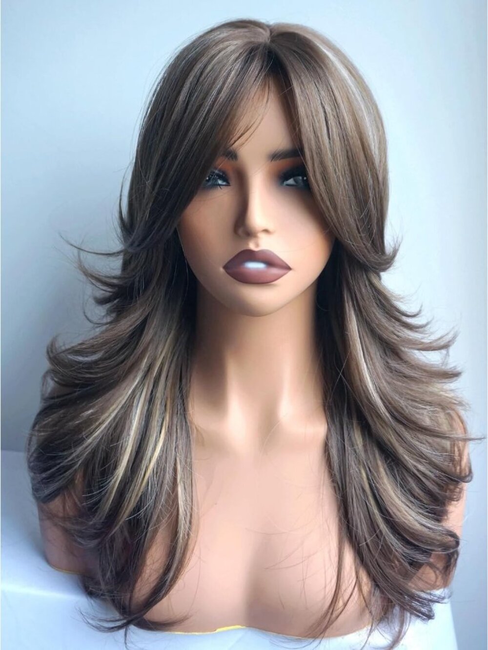 Women's Fashion Brown with Blonde Highlight Long Layered Shoulder Synthetic Wigs